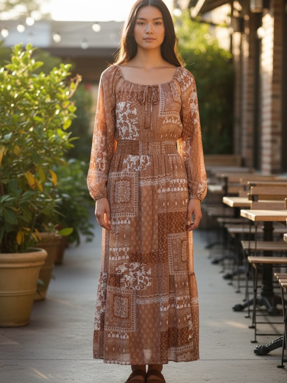 Promesa Brown Patchwork Boho Maxi Dress